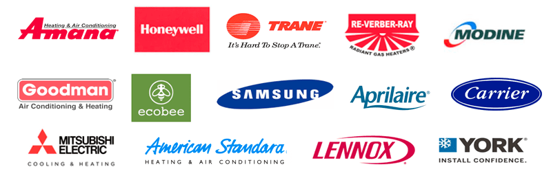 A collage of various heating, ventilation, and air conditioning (HVAC) company logos, including brands like Honeywell, Samsung, Carrier, Goodman, and Lennox.